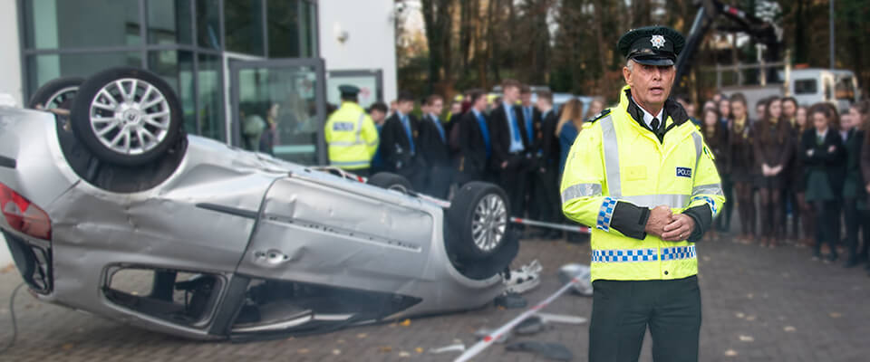 Police talking to students at PSNI Roadsafe Roadshow
